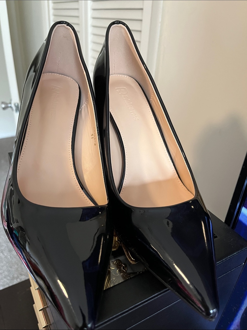 Black Patent Pointed-Toe Pumps with red bottoms - Picture 3 of 6